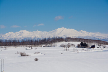 冬の晴れた日の雪原と雪山　大雪山