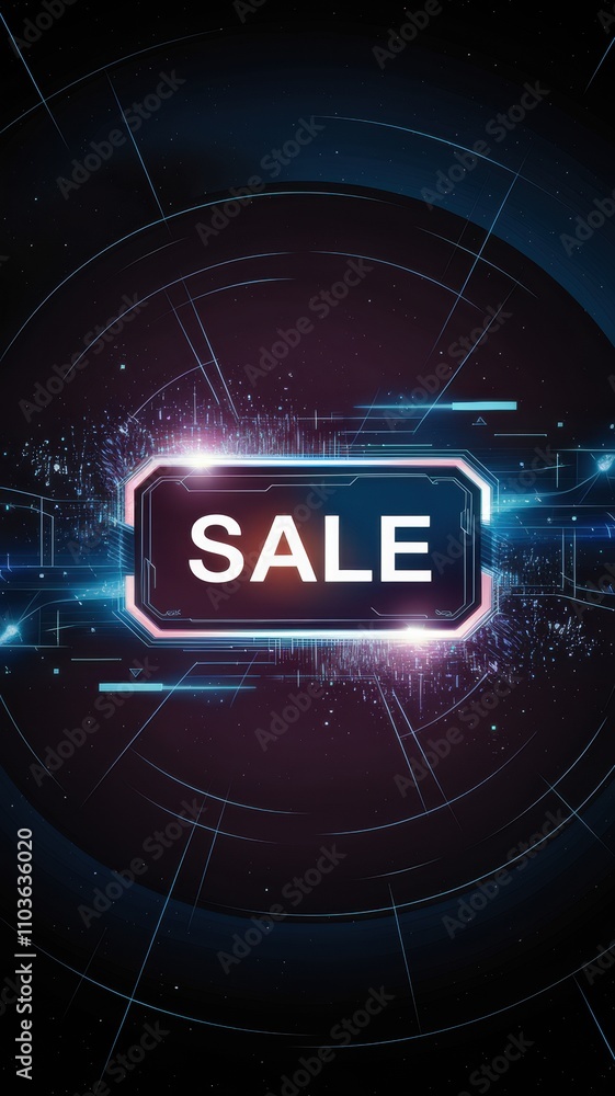Poster futuristic glowing sale sign with data processing and concentric circles