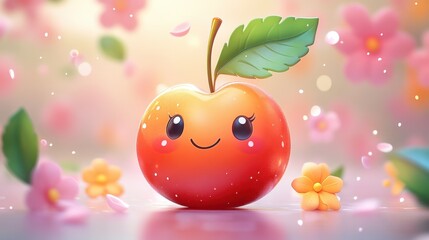 Logo design showcasing a lively cherry character with a playful smile, surrounded by bright leaves and colorful blossoms. The cute style and bright colors create a cheerful atmosphere, enhanced 