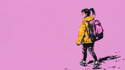 Obraz premium Children with backpacks walking outdoors, enjoying nature and adventure, perfect for educational or travel-related themes in stock photography