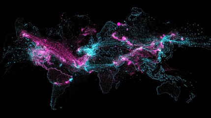 A cybernetic representation of Earth, with glowing data pathways spreading across continents; dark tech theme, teal and magenta highlights, ultra-detailed