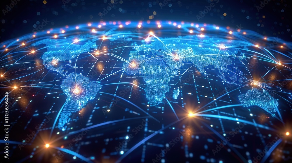 Poster a digital representation of a global network connecting continents and regions.