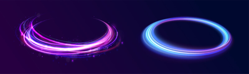 Glitter neon circle ring frame & sparkle flash light star shimmer vector on black background, shiny glowing metal round line planet curve. Png, effect, wave,neon,line, futuristic web poster card print