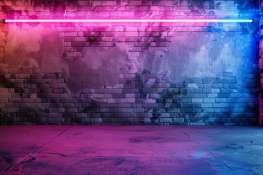 Vibrant neon lights illuminating grunge brick wall background