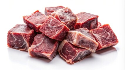 Obraz premium Frozen beef pieces on a white background, beef, frozen, meat, pieces, sliced, raw, ingredient, food, protein, cooking