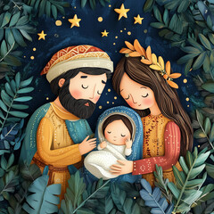 Illustration depicting Nativity scene in Bethlehem. Christmas illustration of holy family with baby Jesus in manger, Joseph, and Mary created in soft peaceful style radiating warmth and festive spirit