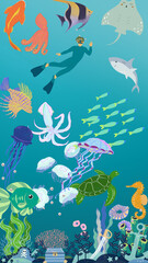 A vertical social media animation Illustration and picture of deep-sea diving is an amazing experience. hidden animals of the ocean, like tortoises, blue whales,octopus, sharks, fish, and plants.