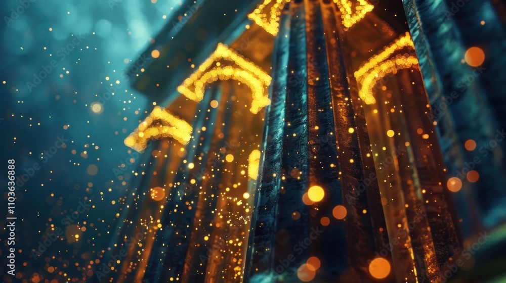 Poster a mystical underwater scene featuring illuminated columns and floating particles.