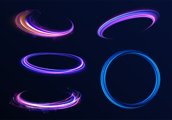 Png shine round frame with light circles light effect. Semicircular wave, light trail curve swirl, incandescent optical fiber vector, png, effect, wave,neon,line. Shiny sparks of spiral wave. 