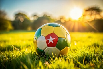 Fototapeta premium High Depth of Field Image of a Togo Soccer Ball on a Grassy Field, Perfect for Sports Themes, Marketing, and Soccer Enthusiasts, Showcasing the Vibrant Colors and Texture
