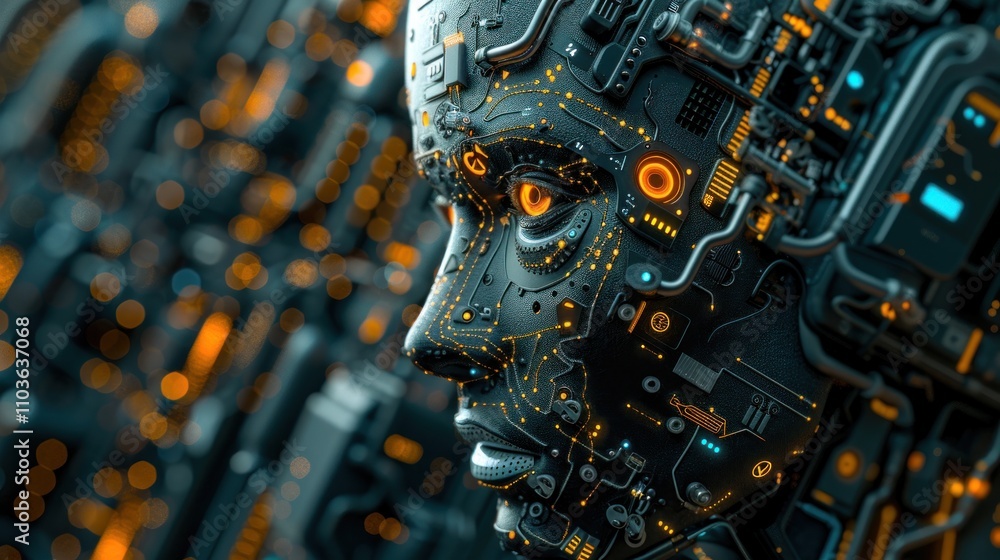 Poster a close-up of a robotic face with intricate circuitry and glowing elements.