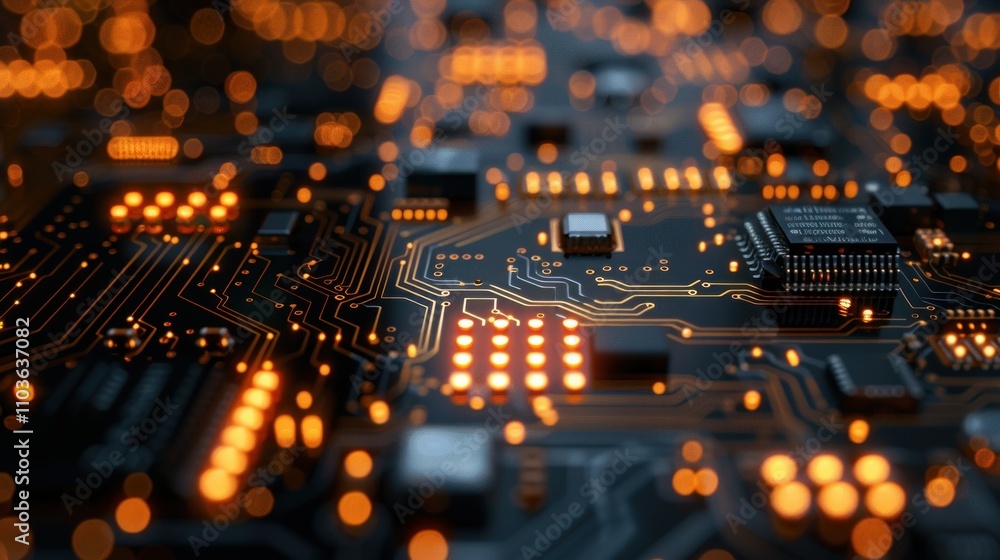 Poster close-up of a circuit board with glowing components, showcasing technology and innovation.