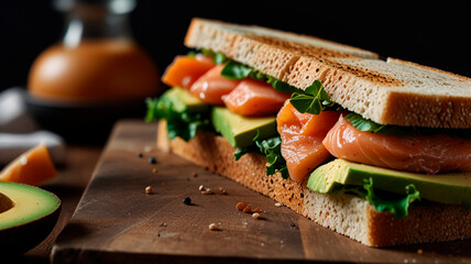 sandwich with bread, avocado and salmon pieces