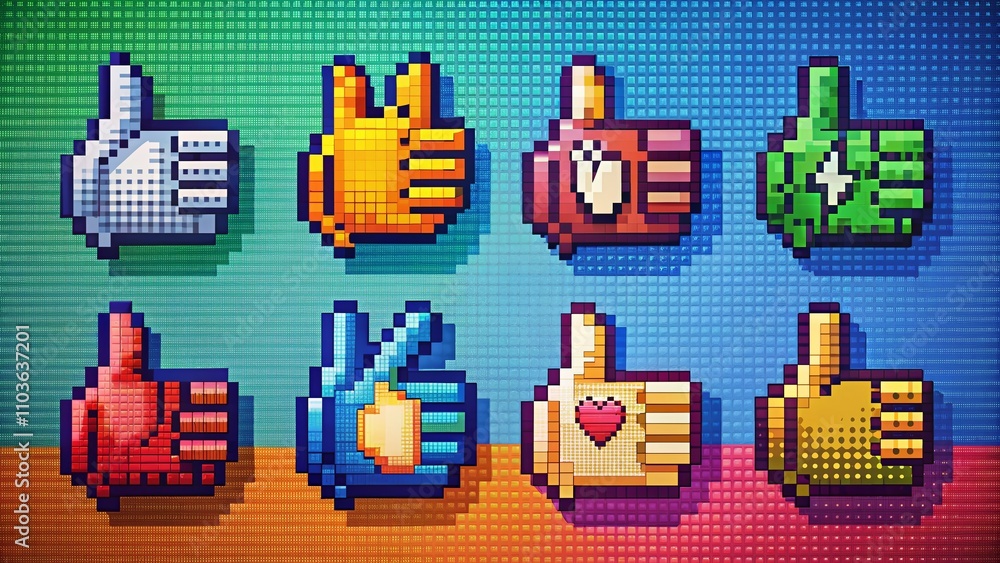 Poster high depth of field retro pixel hand gestures in 8-bit style featuring rock sign, middle finger, for