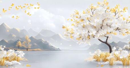 3D luxury wallpaper with a golden tree, white and yellow flowers on a gray background, gold leaf texture, watercolor,