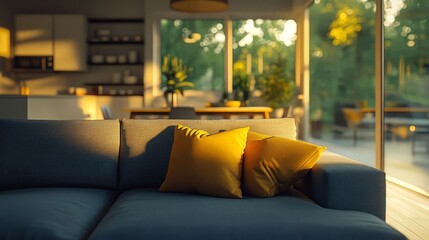 Modern living room with yellow pillows, large windows, and a kitchen in the background. The sun shines through the window onto the sofa and coffee table.