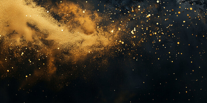 Golden dust and sand on the black background, scattered gold dust on one corner, sand effect with glitters and sequins and copy space. Wallpaper and banner.	