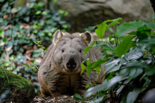 Captivating portrait of a northern hairy nosed wombat surrounded by lush foliage