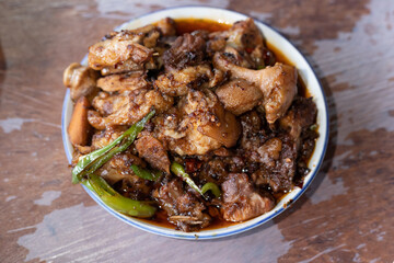 The braised pig's trotters in the plate 