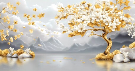 3D luxury wallpaper with a golden tree, white and yellow flowers on a gray background, gold leaf texture, watercolor,