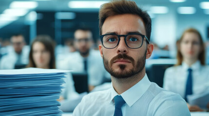 Fototapeta premium A focused man in a white shirt and glasses sits amidst a busy office environment filled with colleagues and stacks of paperwork.