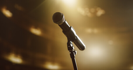Close Up of a Microphone at a Night Concert. Music Artist Preparing to Take the Stage, Sing Popular...