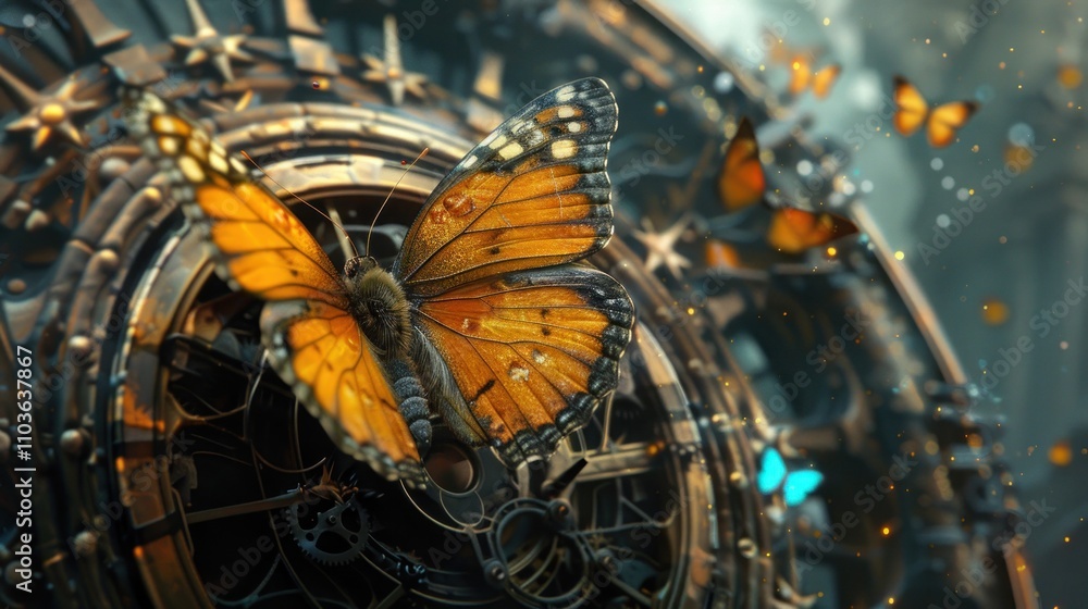 Poster a close-up of a butterfly on a steampunk clock, surrounded by smaller butterflies in a magical setti