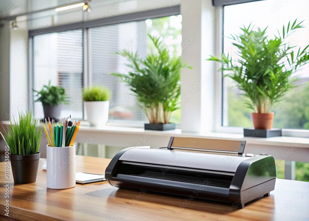 Aufkleber high-quality black laminator positioned on a desk with workspace background and ample copy space for