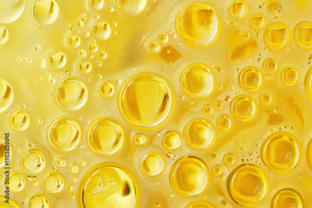 Poster golden yellow bubbles floating on liquid surface creating abstract pattern