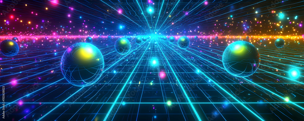 Poster neon gridscape with glowing spheres rolling through space