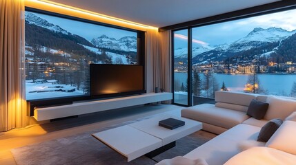 A modern living room with white sofas, a coffee table, and a TV set up in front of the window overlooking St. Moritz lake at night. Snow-covered mountains on one side.