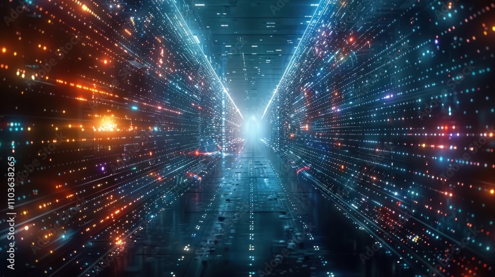 Poster a futuristic digital corridor with vibrant lights and data streams converging towards a bright exit.