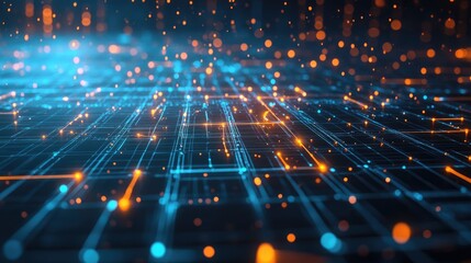 Fototapeta premium A digital world map with glowing node connections over a grid background; minimalist design, sci-fi aesthetic, bright cyan highlights