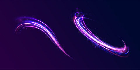 Light trail wave, fire path trace line, car lights, optic fiber and incandescence curve twirl. Big data traffic visualization, dynamic high speed, png, effect. Vector glowing lines air flow effect.