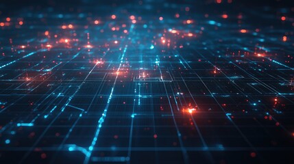 Obraz premium A digital world map with glowing node connections over a grid background; minimalist design, sci-fi aesthetic, bright cyan highlights