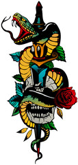 Serpent tete de mort dague Tattoo old school style tatouage rose fleur