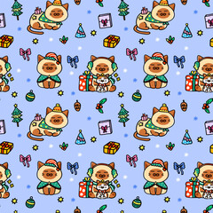 Obraz premium Christmas cute siamese seamless pattern cartoon character on blue background