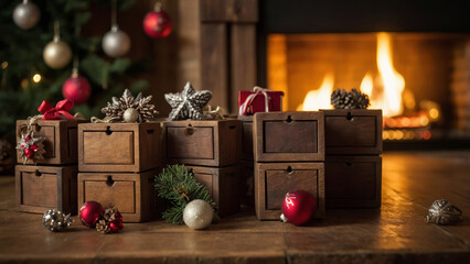 Wooden advent calendar boxes arranged near a fireplace and Christmas tree, adorned with ornaments, pinecones, and festive decor creating a warm holiday scene