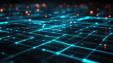 Obraz premium A digital world map with glowing node connections over a grid background; minimalist design, sci-fi aesthetic, bright cyan highlights