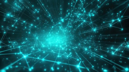 A digital world map with glowing node connections over a grid background; minimalist design, sci-fi aesthetic, bright cyan highlights