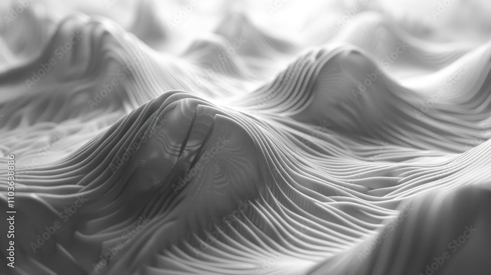 Poster abstract representation of flowing hills in monochromatic tones.