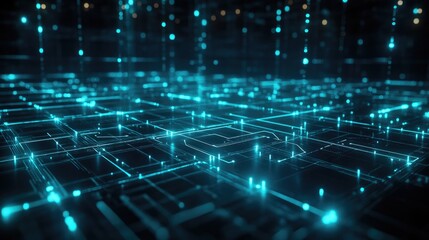 A digital world map with glowing node connections over a grid background; minimalist design, sci-fi aesthetic, bright cyan highlights