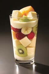 A glass of mixed fruit cubes receives a silky milk pour, creating a visually appealing and refreshing treat.