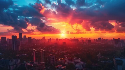 Obraz premium A vibrant sunset casts colorful hues over a city skyline, highlighting urban beauty.