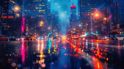 Fototapeta premium A vibrant city scene at night, showcasing reflections and colorful lights on wet streets.