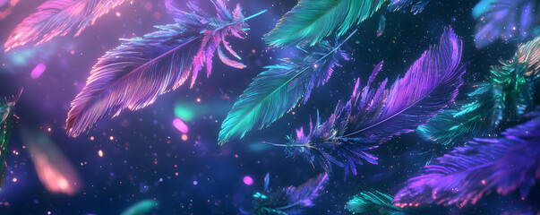 Fototapeta premium Neon Feathers Float In A Dark Space