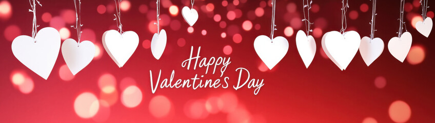 Naklejka premium Happy Valentine's Day background banner panorama - White heart hang on wooden clothes pegs with wooden heart and bokeh lights on a string isolated on red texture with bokeh lights, with space for text