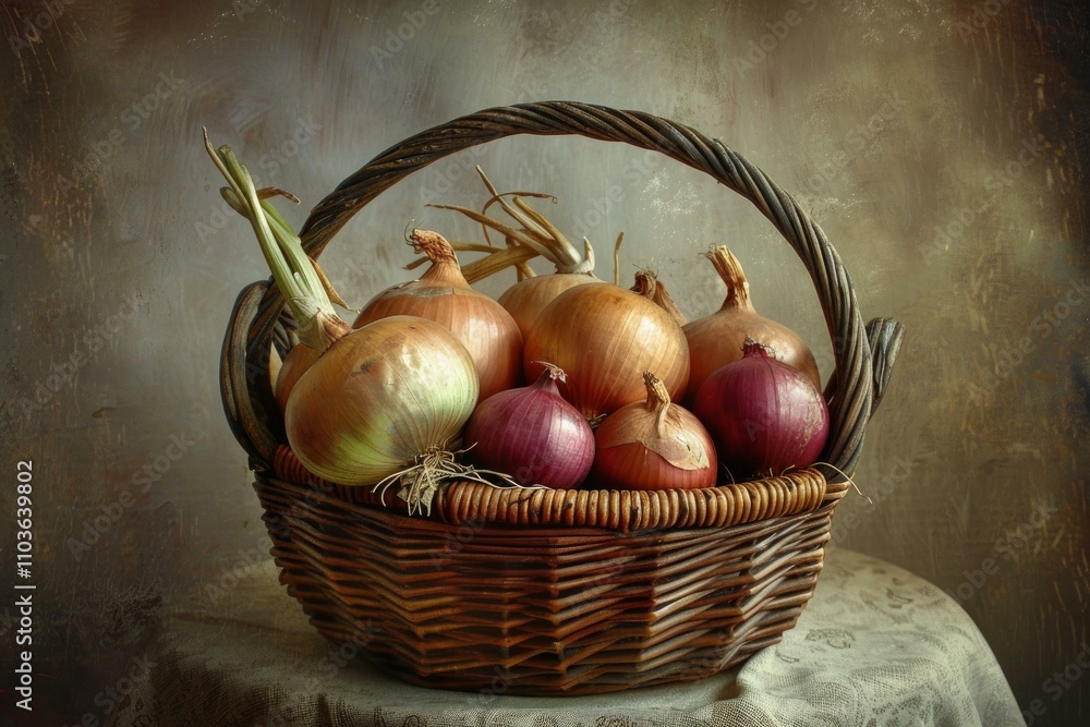 Poster wicker basket overflowing with fresh onions on rustic table