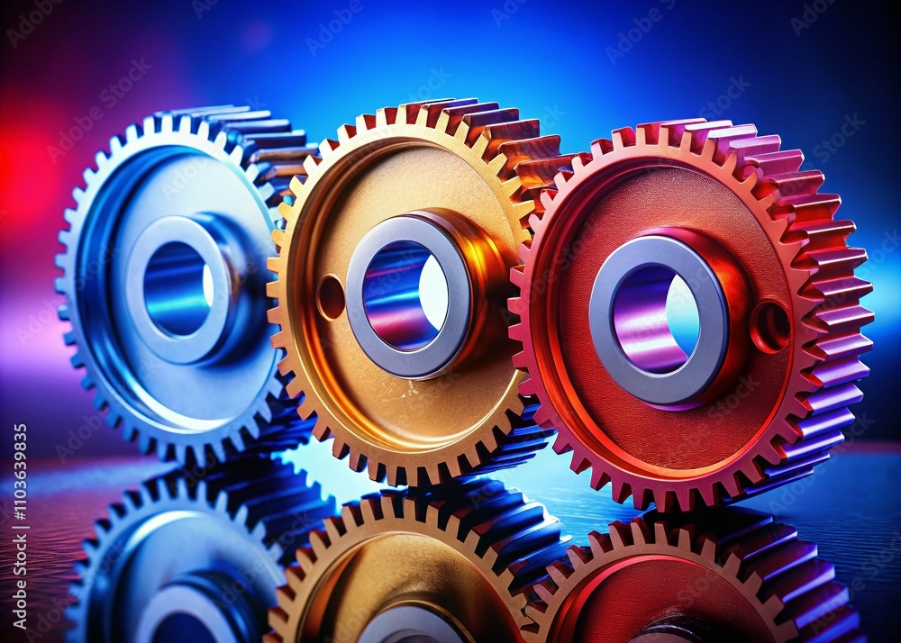 Poster high-quality product photography of three interlocking gears on a reflective surface, showcasing pre