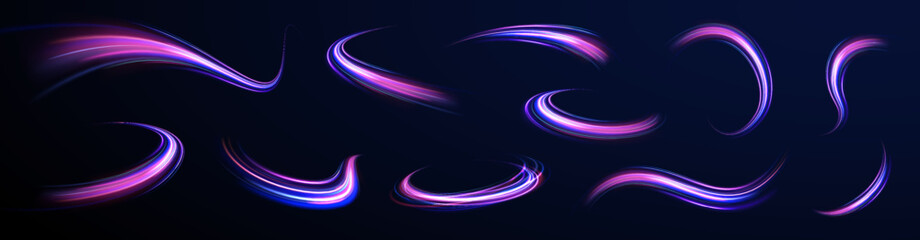 Futuristic dynamic motion technology blue glowing lines air flow effect.  Racing cars dynamic flash effects city road with long exposure. Horizontal speed lines connection vector background. 